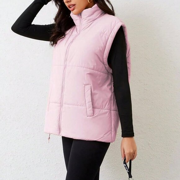 Pink Casual Women's Stand Collar Quilted Sleeveless Puffer Vest Jacket - Picture 4 of 6